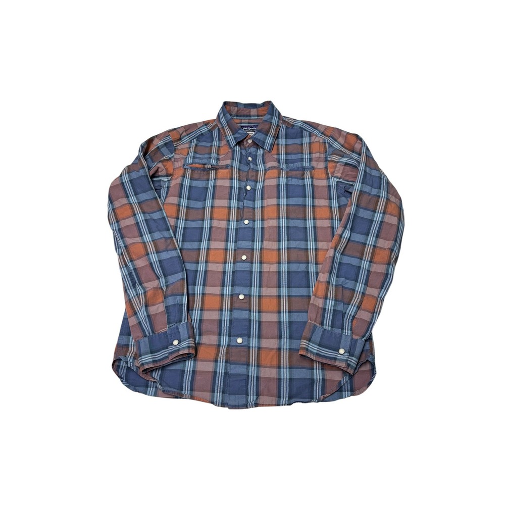 Patagonia Mens Organic Cotton Plaid‎ Snap Front Western Shirt Blue Orange Small
